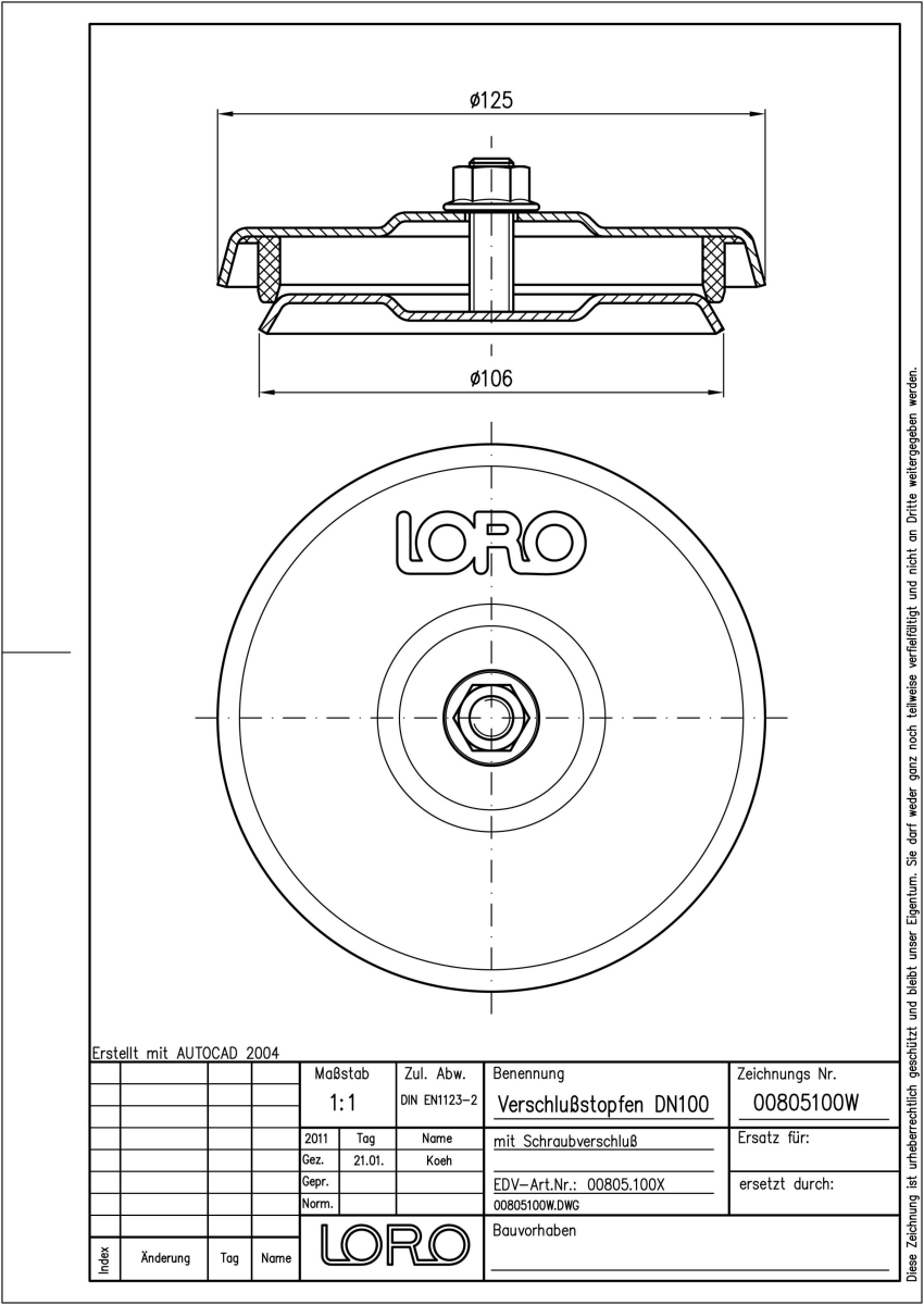 Loro-X Endkappe m.Schraubverschluss - DN 100  00805.100X